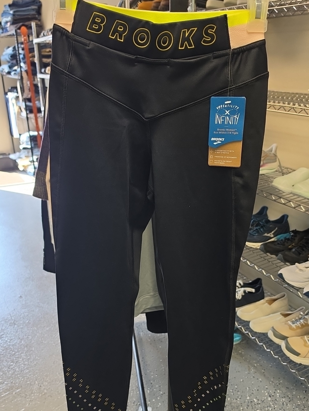 Brooks Black Leggings with Yellow Waistband and Pink Side Panels